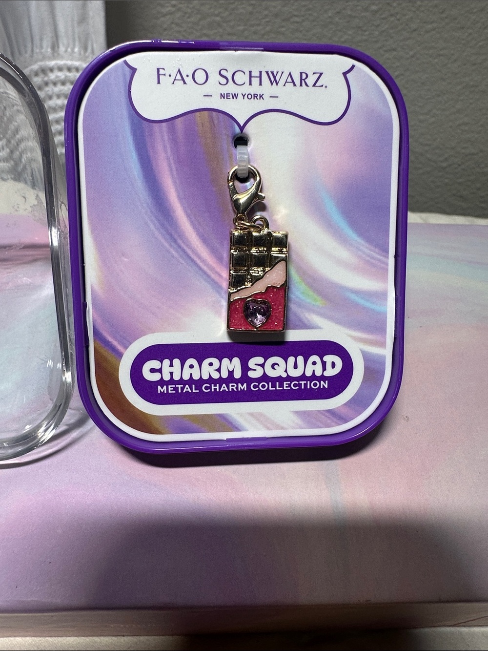 FAO Schwarz Purple & Pink Heart Chocolate Bar Metal Charm NWT